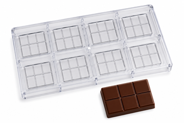 63g 6-piece polycarbonate chocolate bar mold with 8 bar cavities and finished 3 by 2 segmented chocolate bar